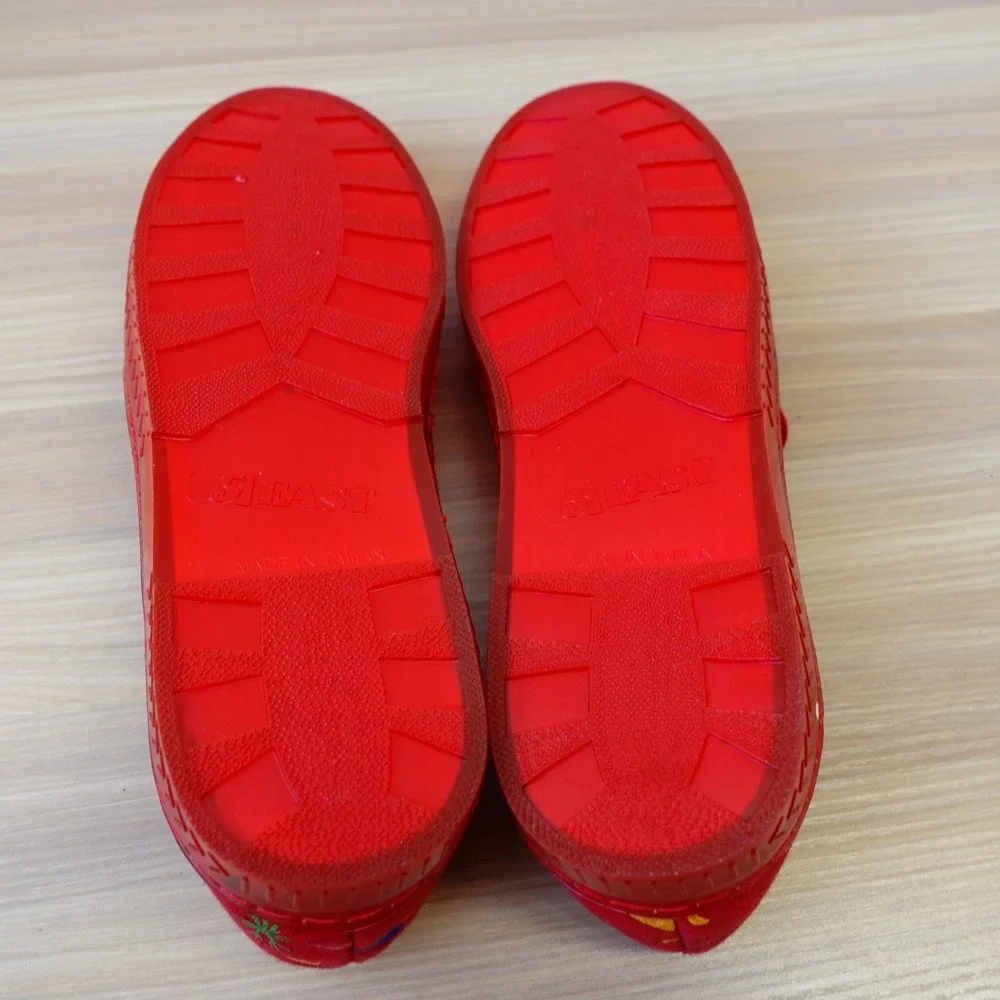 VINTAGE 80s Tropical Canvas Slip On Shoes Mens 6 M Red Boat Loafer Vacation 241
